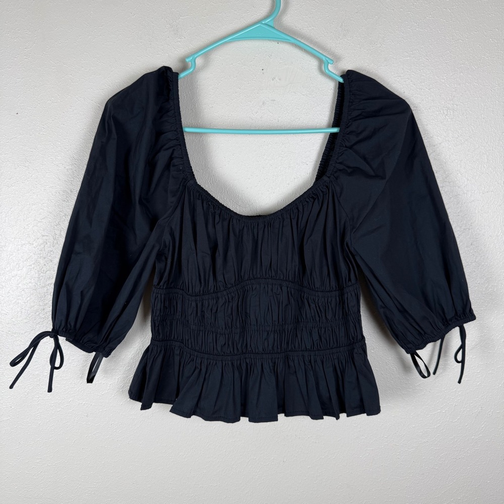 Staud Black Smocked Puff‎ Sleeve Crop Top Square Neck Ruffle Hem Cotton Poplin M